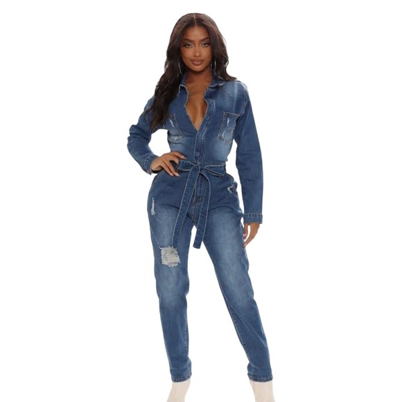 SWANK Pants - SWANK Distressed Denim Jumpsuit Medium Wash Long Sleeve Belted Blue 3X
